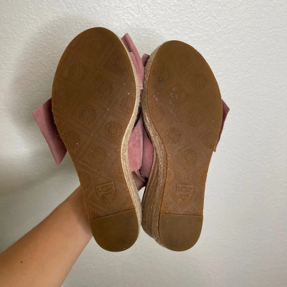 UGG Trina Rose Pink Suede Bow Espadrille Wedge Sandals 7.5